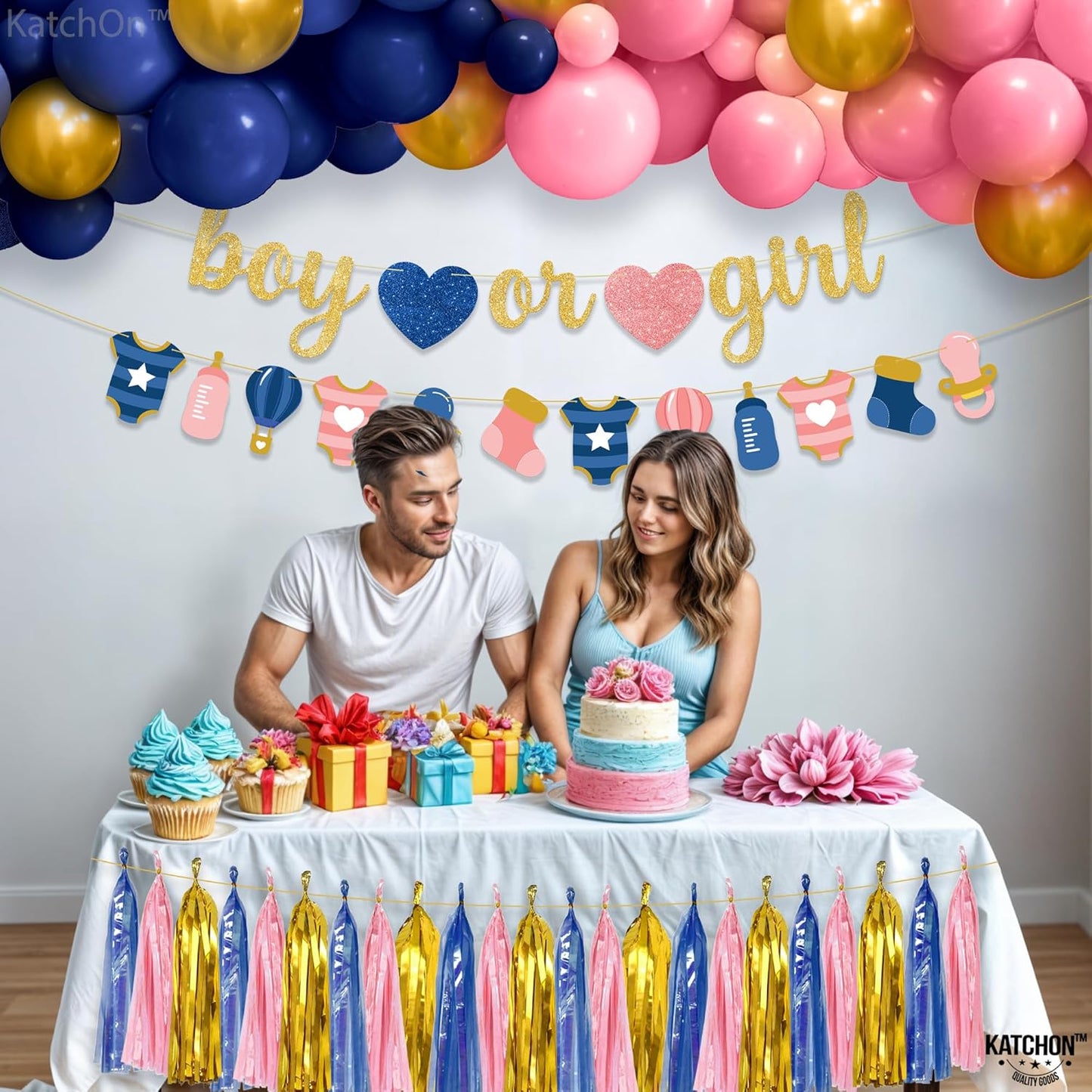 KatchOn, Boy or Girl Gender Reveal Decorations set - Pack of 68 | Boy or Girl Gender Reveal Banner, Baby Shower Decorations | Blue and Pink gender reveal Balloon Arch Kit, Boy or Girl Sign Banner