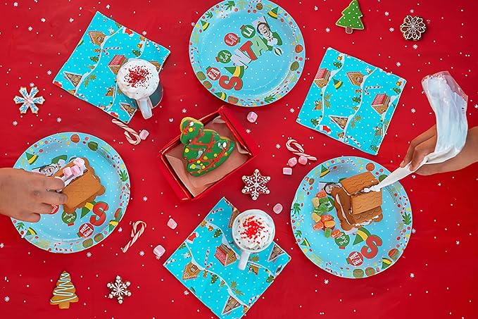 Silver Buffalo Elf Buddy the Elf Fa La La Santa Snow Christmas 32 Pack Partyware Disposable Paper Plates and Napkins