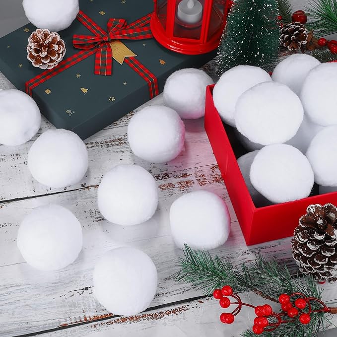 Elcoho 50 Pieces 2 Inch Artificial Snow Toy Ball Set with Bucket for Storage Kids Snow Fight Ball Realistic Snow White Plush Toss Ball for Kids Toss Game Winter Snow Fight Indoor Outdoor Xmas Decor