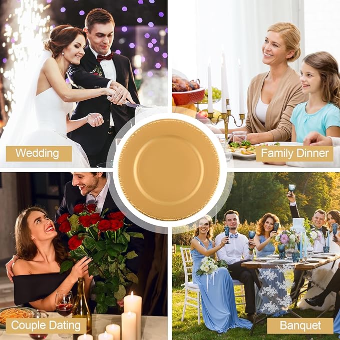 Gerrii 24 Pcs 13 Inch Gold Charger Plates Bulk with Napkin Rings Set Include 12 Pcs Plastic Beaded Charger Plates 12 Napkin Rings Round Dinner Set for Table Wedding Party