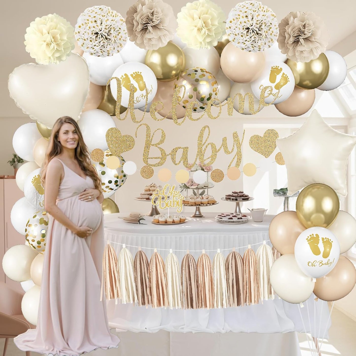 Neutral Gold Baby Shower Decorations for Boys Girls, Boho Welcome Baby Banner Gold Cream Beige Sand White Confetti Latex Balloons Oh-Baby Cake Topper Pom Poms for Baby-Shower Birthday Party Decoration