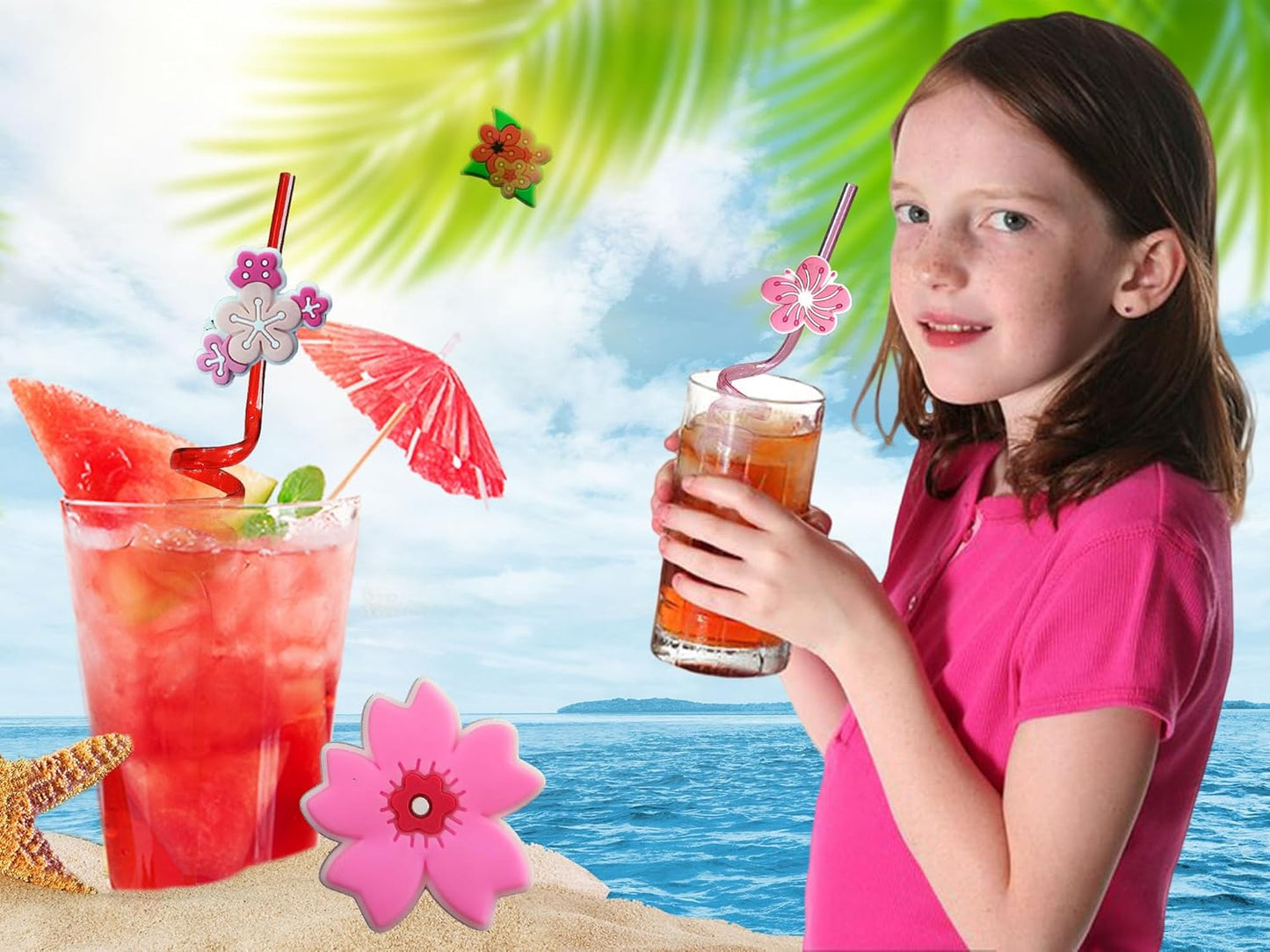 24 Bulk Flowers Reusable Plastic Straws, Drink Straws Birthday Summer Activity.Hoilday Student Show Party Supply Favors