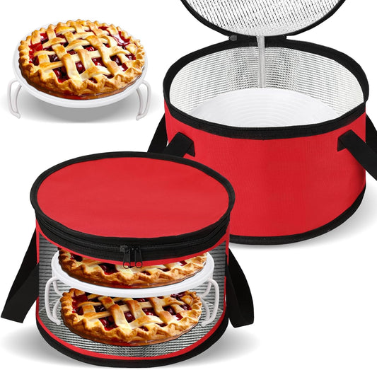 Yaomiao 2 Sets Round Pie Carrier 11 x 7 Inch with Dish Tray Plate Stacker Insulated Casserole Carrier with Lid and Handle Reusable Cooler Thermal Bags for Cold Food for Potluck Picnic (Red)