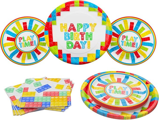 Blue Orchards Building Blocks Party Plates and Napkins (52 pieces for 16 Guests) - Building Block Supplies, Gamer Birthday Decorations, Gamer Party Supplies, Blocks Decor, Brick Birthday