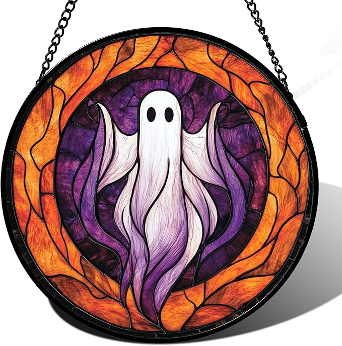 Stained Glass Window Hanging - Halloween Decorations White Purple Ghost Suncatcher for Doors Garden Indoor Spooky Funny Sun Catchers Gothic Decor Horror Gifts for Women Men Friend 11.8 in