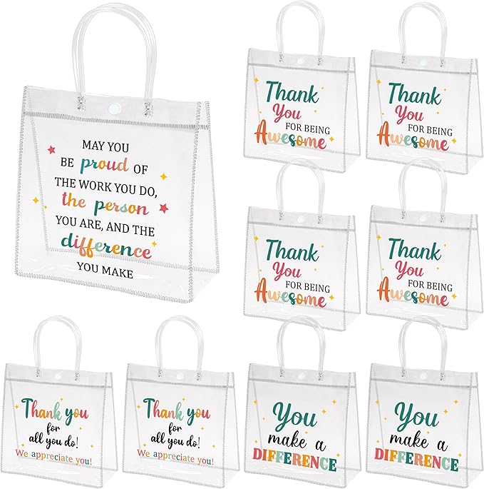 H1vojoxo Employee Appreciation Gift Bags - 24PCS Employee Appreciation Clear PVC Gift Bags with Handle 7.9x3.2x7.9 Inch Reusable Office Team Thank You Gifts Bag for Coworkers Staff Teachers Nurse