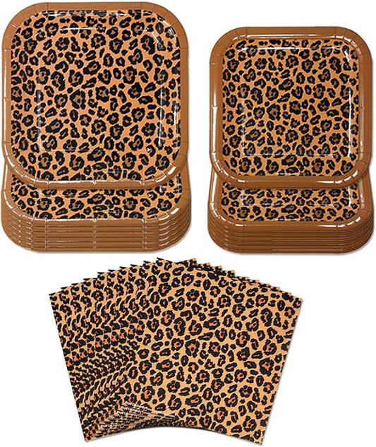 Blue Orchards Leopard Print Party Plates and Napkins (52 Pieces for 16 Guests) - Cheetah Plates and Napkins, Animal Print Birthday Party Supplies, Party Animal Birthday Decorations
