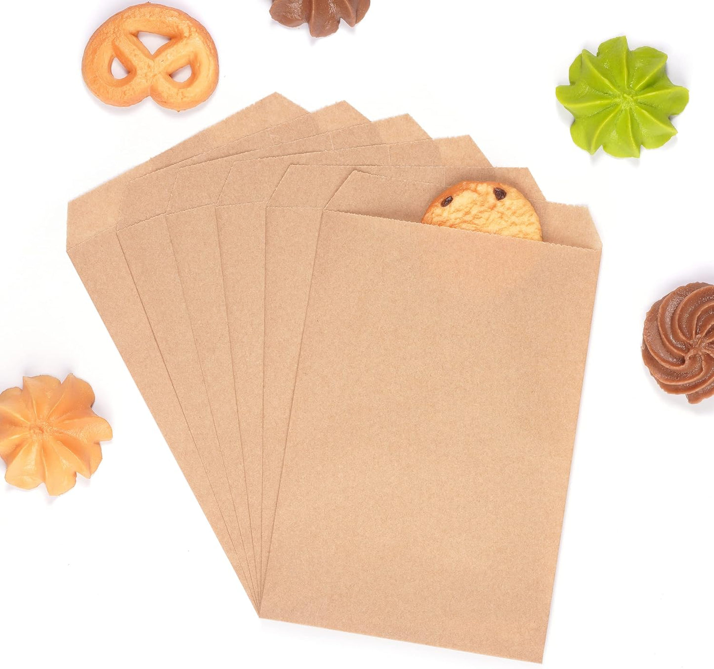 Quotidian Brown Flat Medium Greaseproof Kraft Paper Bags 4" x 6" (10 x 15.2cm) Pack of 100 - Bakery Cookies Candies Dessert Soap