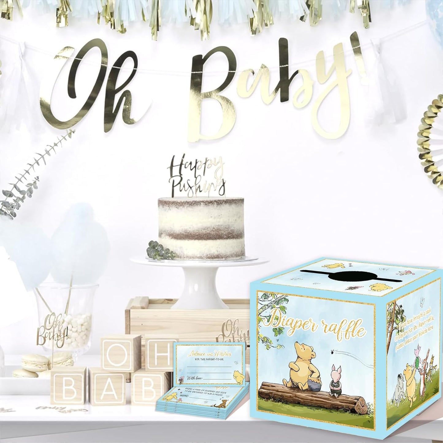 Winnie Baby Shower Decorations-50PCS Winnie Baby Shower Games Cards-Pooh Party Decorations-Baby Shower Diaper Raffle Box-blue