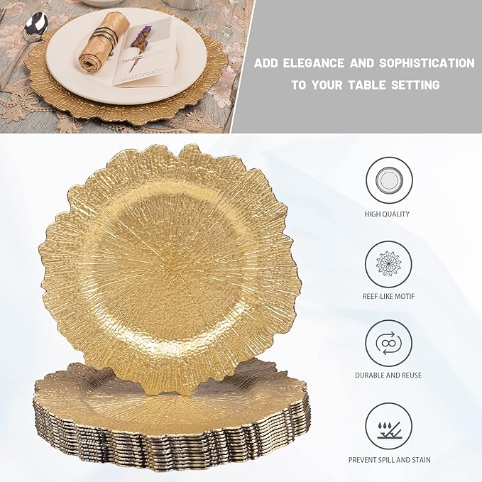 MAONAME 13" Gold Charger Plates, Round Reef Chargers for Dinner Plates, Plastic Plate Chargers for Table Setting, Wedding Decor, Set of 12