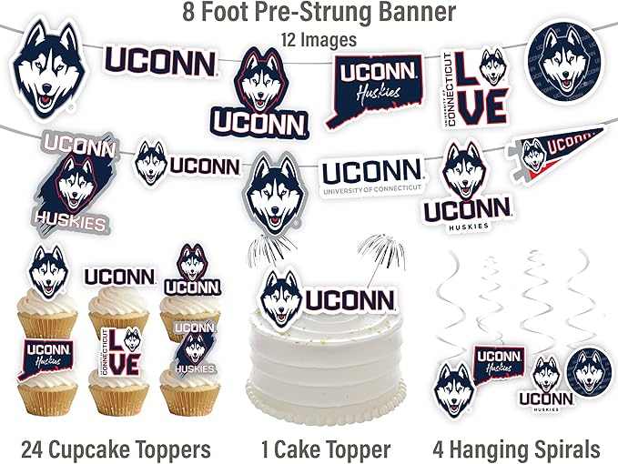 UConn Party Supplies for Football, Birthday Gift, University of Connecticut Graduation Party Banner and Cake Toppers (42 Pieces) (UCONN Huskies)