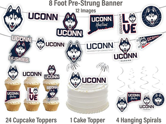 UConn Party Supplies for Football, Birthday Gift, University of Connecticut Graduation Party Banner and Cake Toppers (42 Pieces) (UCONN Huskies)