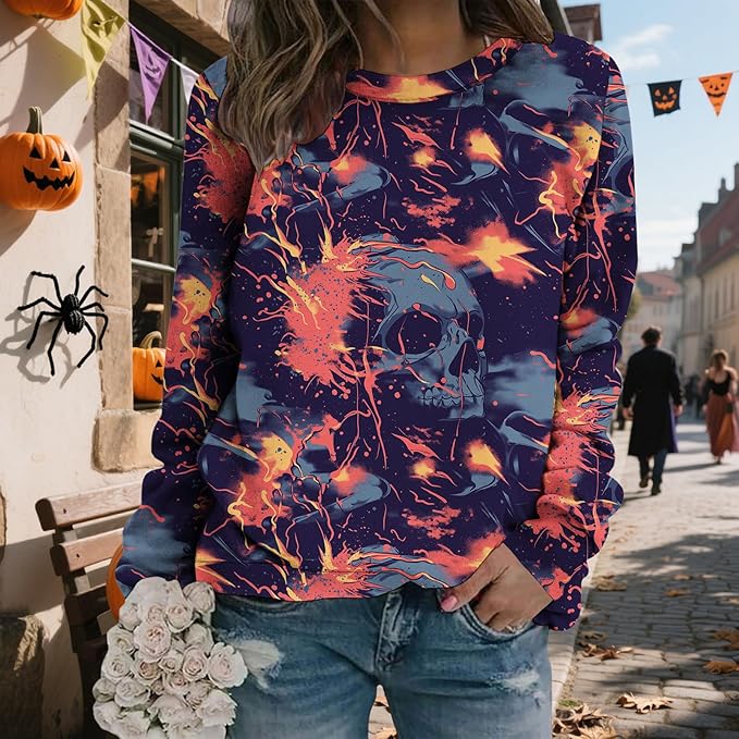 LIZALIG Pullover Cute Sweatshirt Orange Skeleton Fall Festive FunWomens Design Bat Holiday Party Outings Pumpkin Print