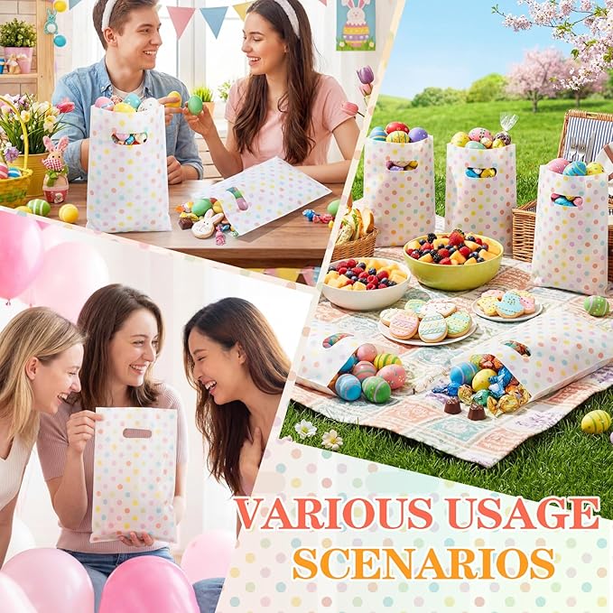 Supervitae 100 Pcs Easter Pastel Gift Bags Polka Dots Party Favor Plastic Bags Bulk with Handles for Birthdays Weddings Snacks Goodie Candy Treat Easter Party Supplies