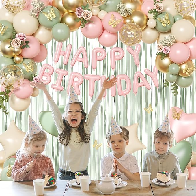 Pink and Green Birthday Decorations for Women Girls, Sage Green Pink Sand White Gold Foil Confetti Balloons Happy birthday Banner Gold Butterfly Fringe Curtains Birthday Decorations