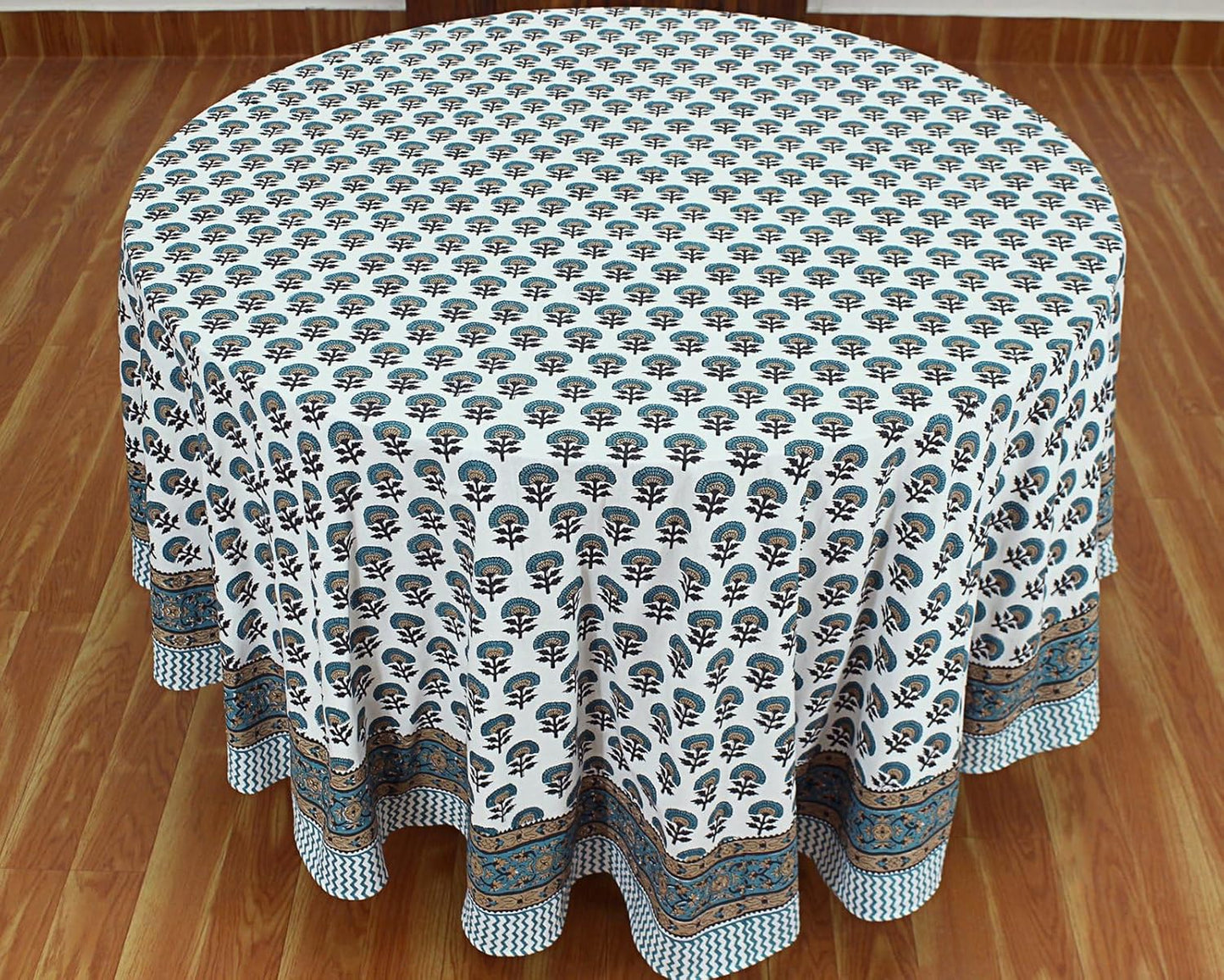110 Inches Round Hand Block Printed Cotton Tablecloth, Blue Yellow Floral Table Cloths Washable, Indian Table Linen for Dinning Home Decor Autumn Outdoor Thanksgiving Gifts