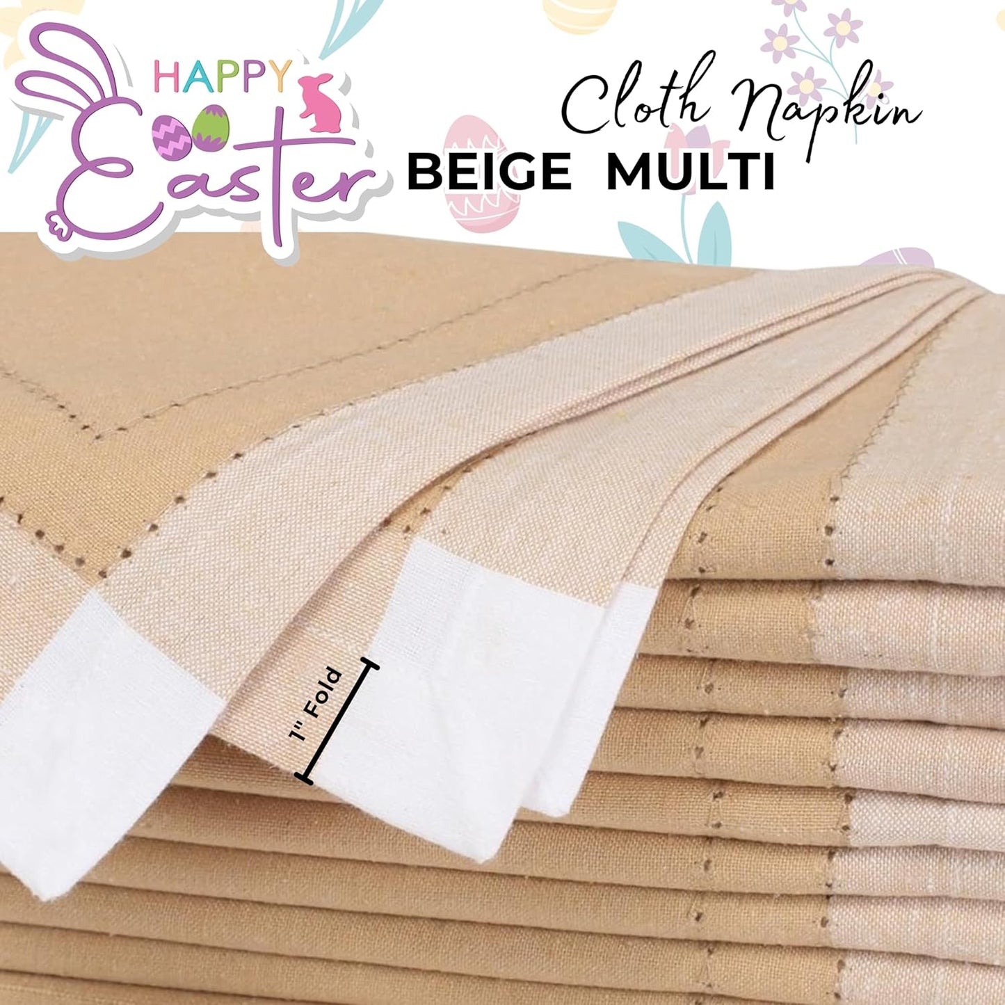 Homidate Cotton Cloth Napkins Set of 12 – 20x20 Beige Multi Double Hemstitched – Machine Washable Dinner Napkins for Weddings, Easter & Special Occasions