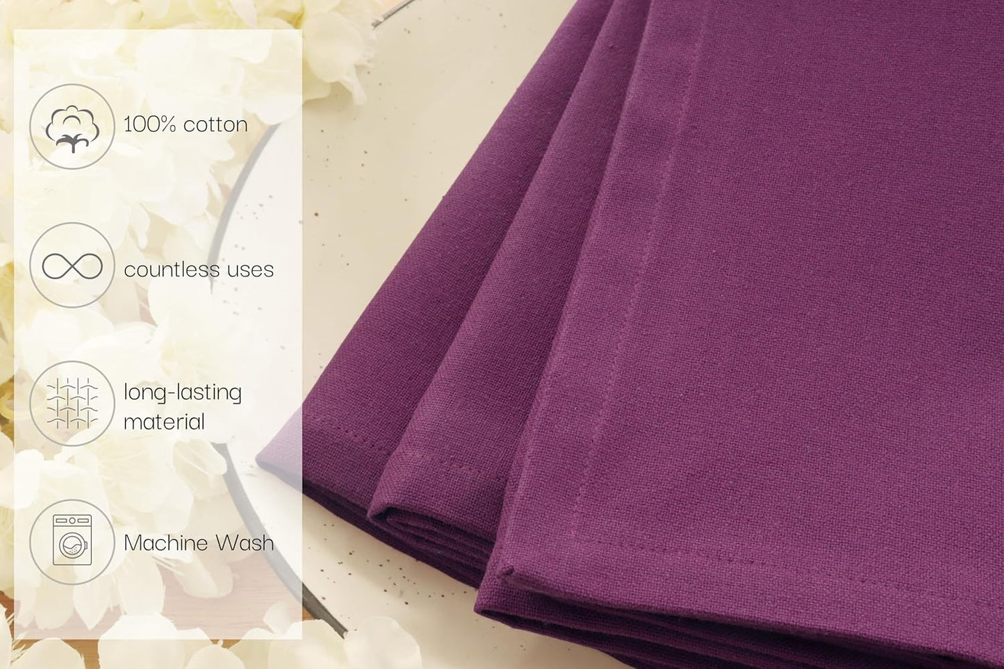 PurpleEssences Set of 12 Cloth Dinner Napkins 100% Cotton 18x18 Inch - Soft Durable Washable - Ideal for Farmhouse Party Fall Thanksgiving - Perfect Everyday Use Table Linen - Purple
