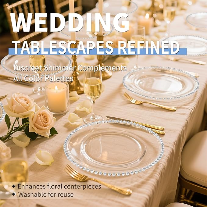 12 Pack Clear Charger Plates Bulk Wedding, 13 Inch Plastic Round Dinner Chargers with Silver Beaded Rim, Acrylic Round Decorative Plates for Wedding Party Home and Tabletop Decor (Silver)
