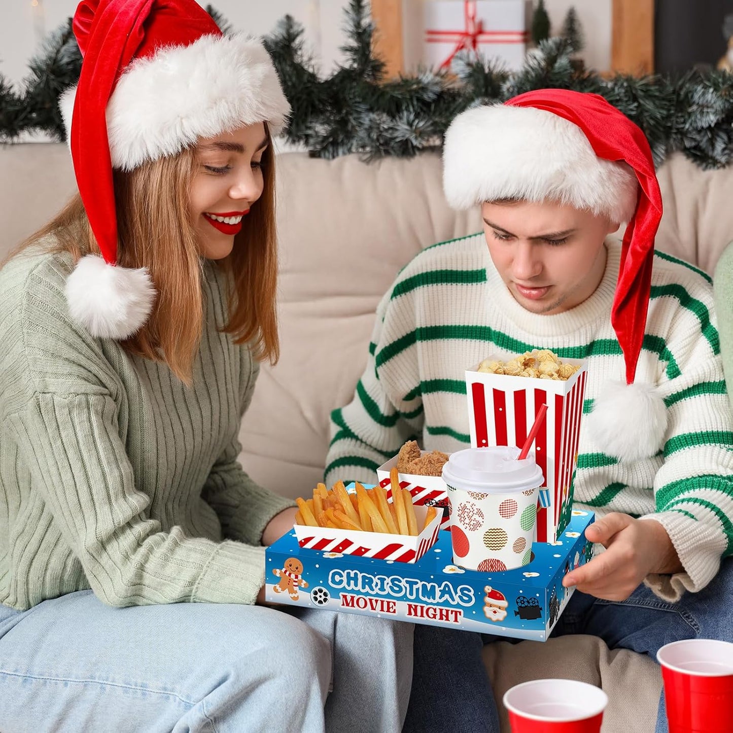 Bokon 172 Pcs/ 24 Sets of Christmas Movie Night Snack Trays 3 Sizes Snack Boxes, 16 oz Disposable Drinks Cups, 50 Straws, Complimentary Sealing Stickers for Cinema Party Decoration(Paper,Stripe)
