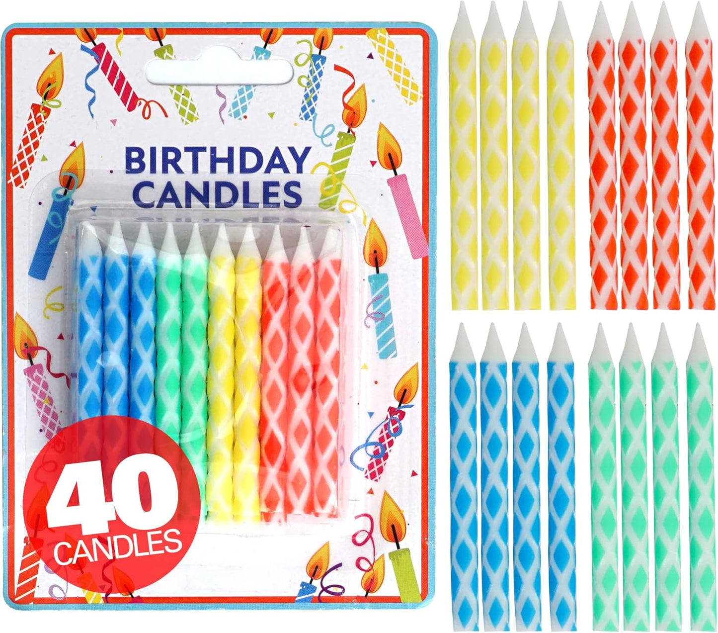 40 Multicolored Diamond Birthday Candles for Cake & Cupcakes - Multi-Color Party Candles Set