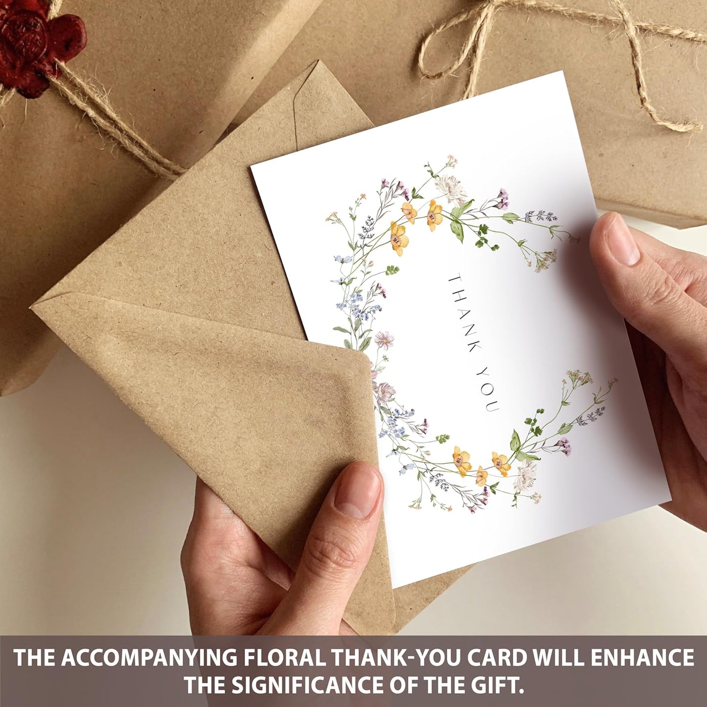 AUDREE Pack 50 Floral Thank You Cards With Envelopes (4"x6") - Wildflower Thank You Cards With Adhesive Envelopes & Matching Stickers for Wedding, Bridal Showers, Baby Showers