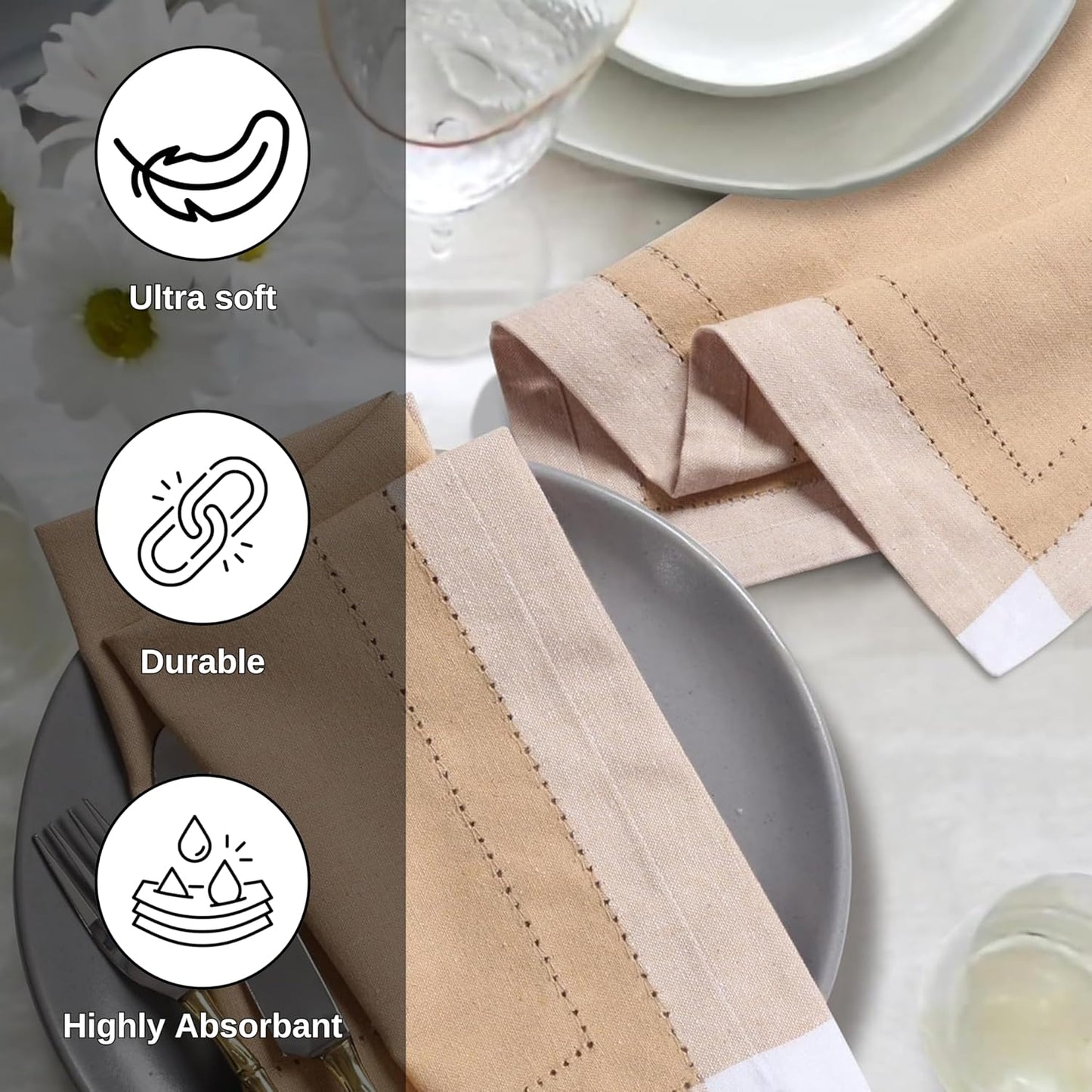 Bedding Craft Cotton Cloth Napkins Set of 12 – 20x20 Beige Multi Double Hemstitched – Machine Washable Dinner Napkins for Weddings, Easter & Special Occasions