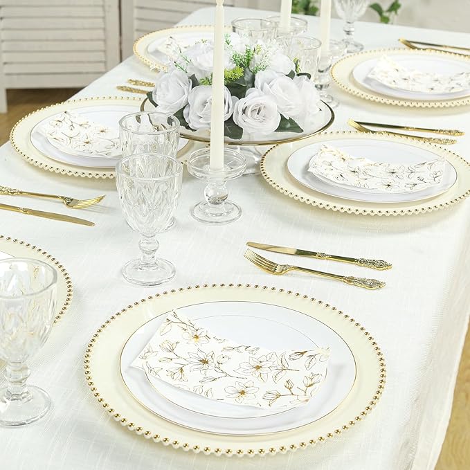 Efavormart 10-Pack Economy Plastic Charger Plates 13" Round Ivory with Gold Beaded Rim - Stylish Dinner Party Serving Plates