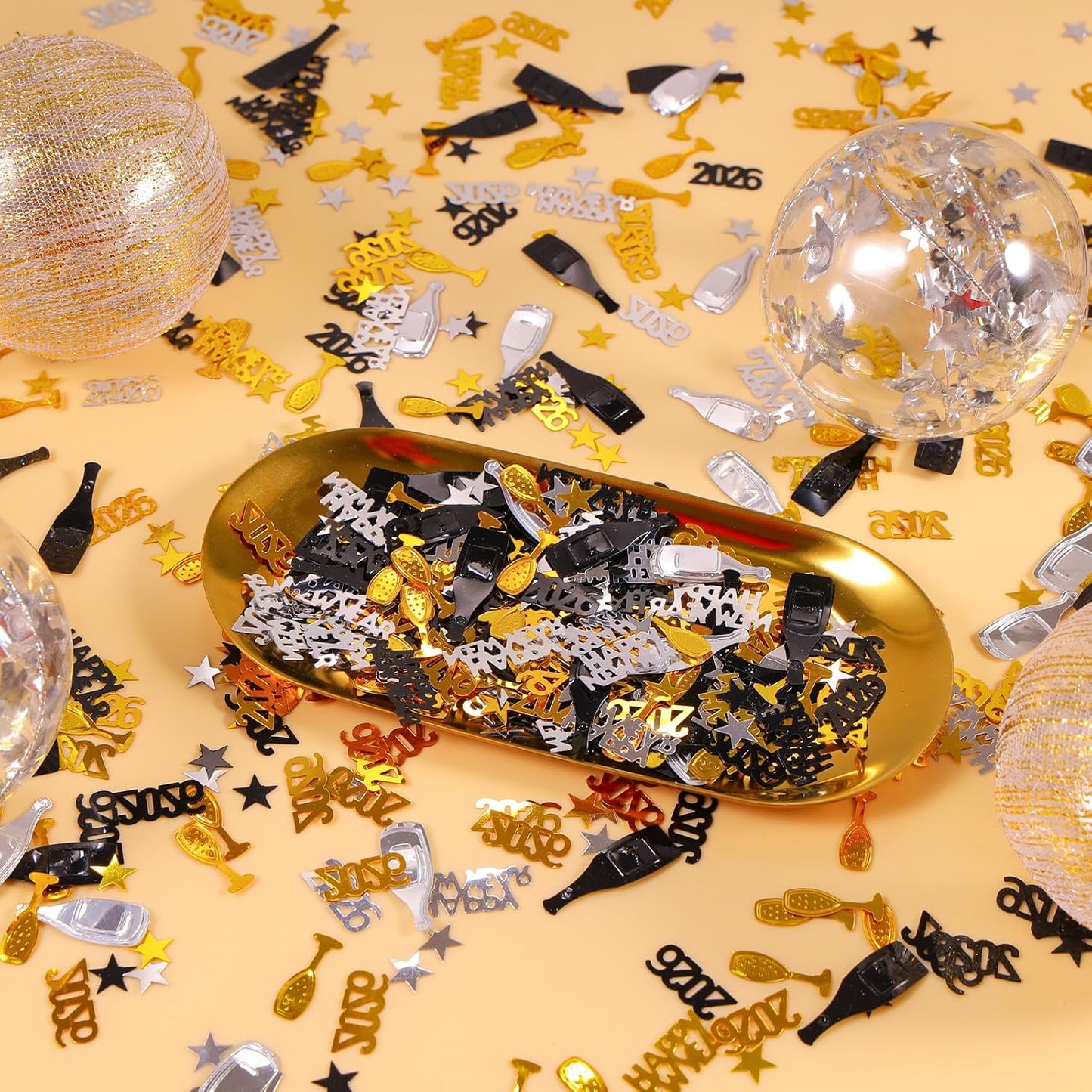 Happy New Year 2026 Confetti, Gold Black and Silver Star Wine Bottle Sprinkles Table Scatter Confetti for New Years Eve Decorations