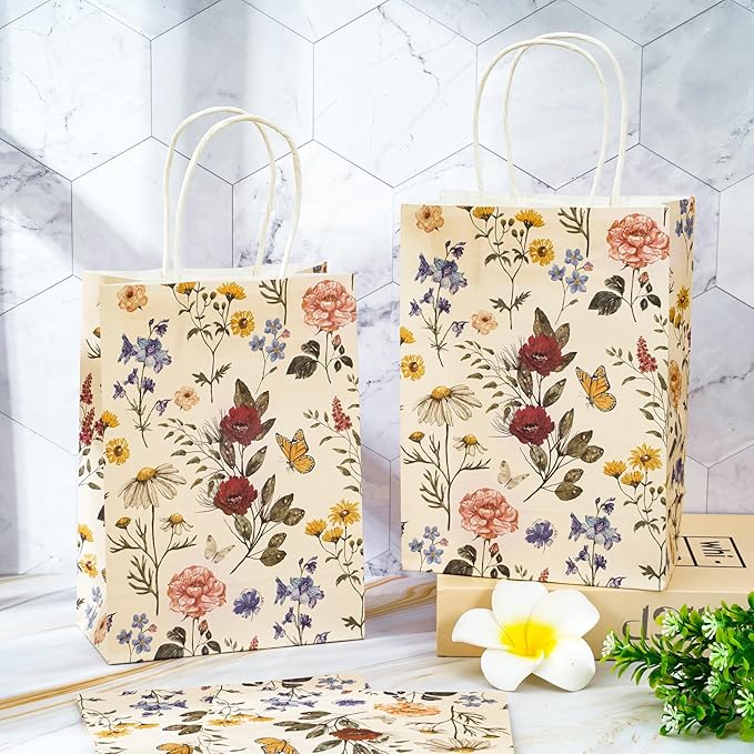 24Pcs Vintage Wildfloral Paper Gift Bags Wildflower Print Treat Bags with Handles Grocery Shopping Bag Candy Goodie Bag for Fall Baby Shower Wedding Party Supplies