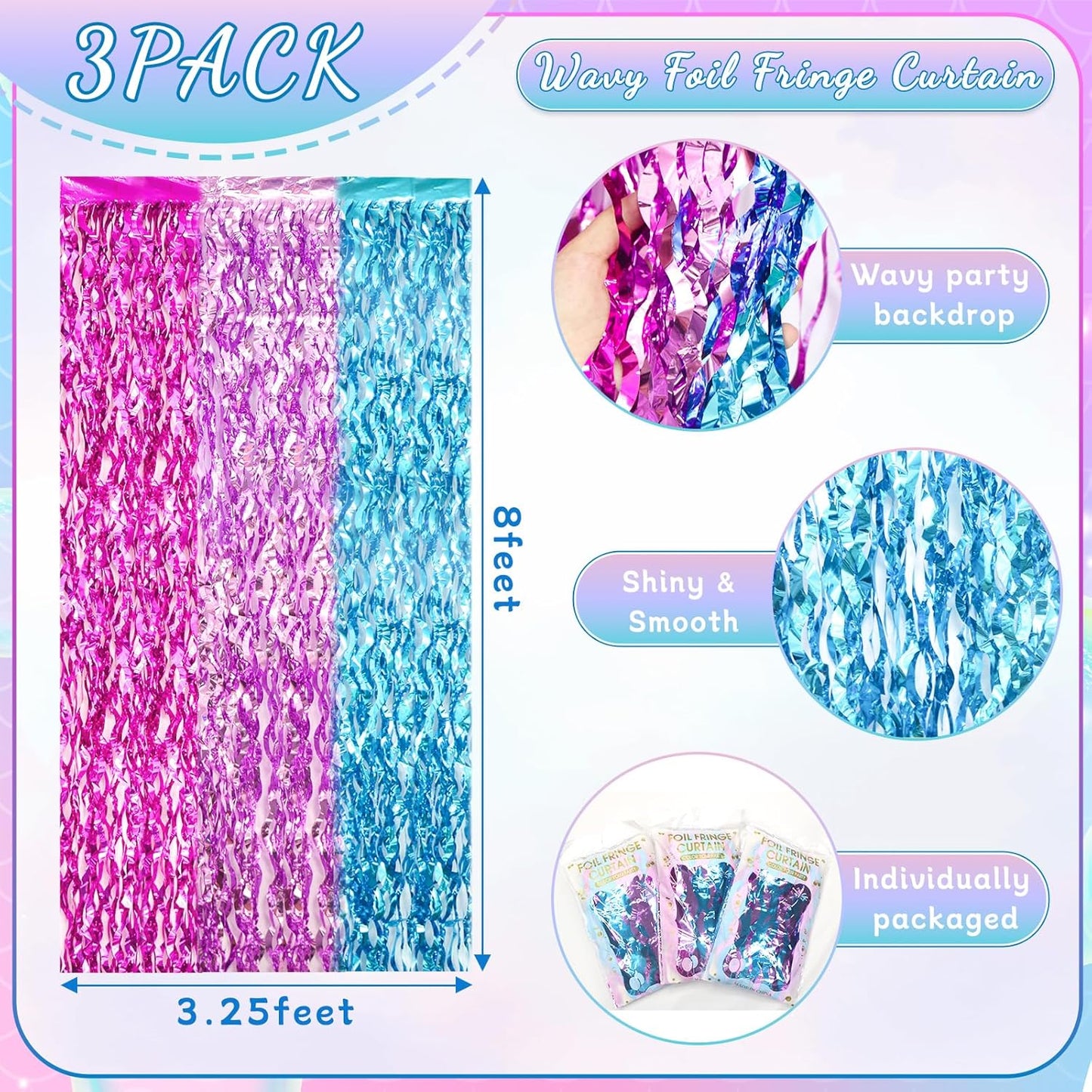 ADLKGG 3 Pack Wavy Foil Fringe Curtain, Pink Purple Blue Streamers Water Beach Backdrop for Mermaid Theme Birthday Decorations Under The Sea Party Decorations, Summer Holiday Party, 3.3x6.6 Feet