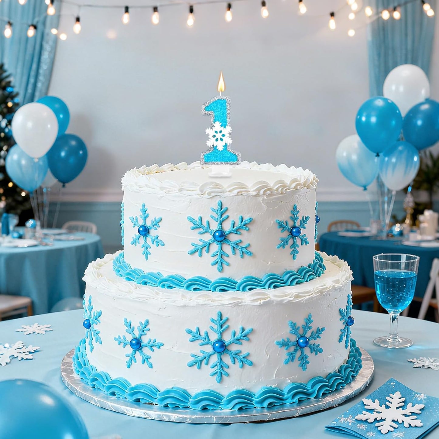 Frozen Themed Birthday Candles Party Decorations, Blue and Silver Number 1 Birthday Candle, Happy Birthday Candle for Cake, Snowflake Cake Topper Decoration for 1st 1 Year Old Party Favor Supplies