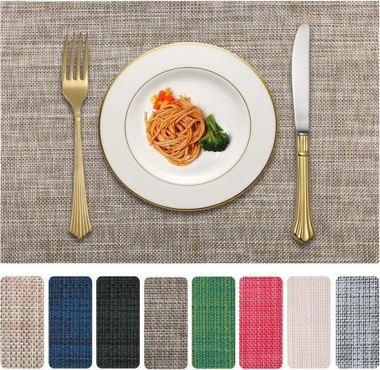 Vinyl Placemats Set of 4, PVC Woven Washable Non-Slip Table Mats, Heat Resistant Wrinkle Free Place Mats for Dining Table, Easy to Clean (4, Cappuccino)