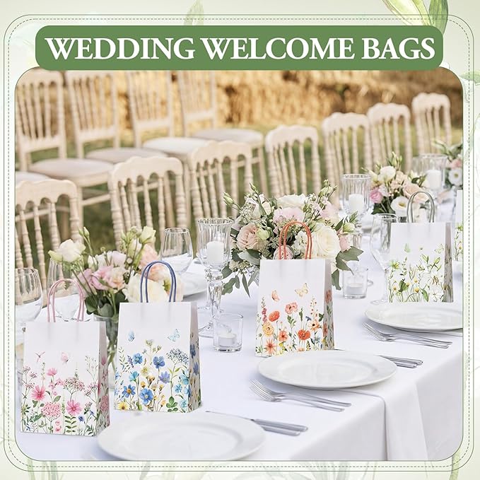 Gaillty 24 Pcs Wildflower Paper Gift Bags 6 Styles, Floral Goodie Bags with Handles Flower Wedding Welcome Bag for Wedding Bridal Shower Engagement Baby Shower Birthday Spring Tea Party Supplies