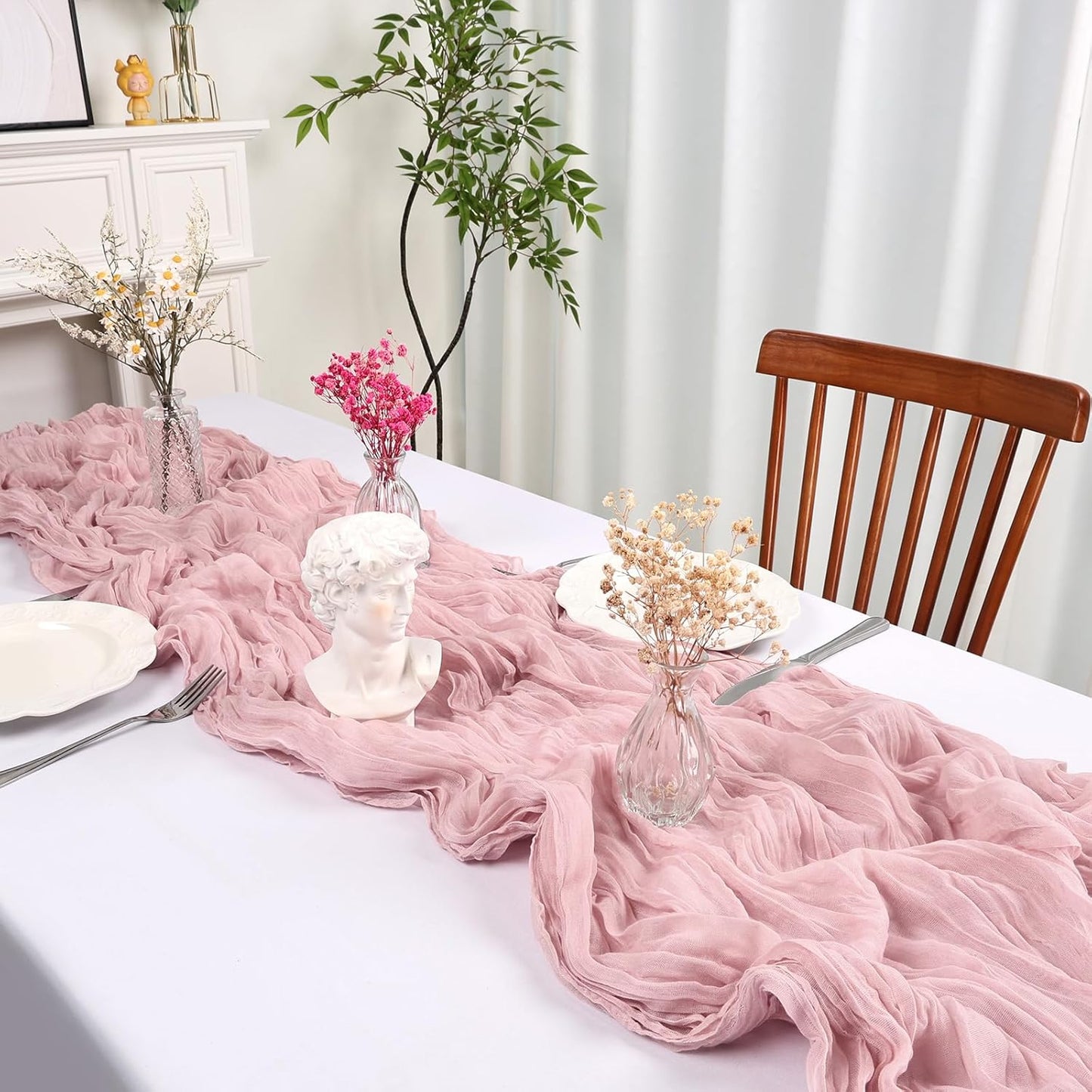 6 Pack 10FT Dusty Pink Cheesecloth Table Runner 35x120 Inch Gauze Rustic Boho Table Runner Cheese Cloth for Wedding Decor Birthday Party Bridal Baby Shower Table Centerpiece Decoration