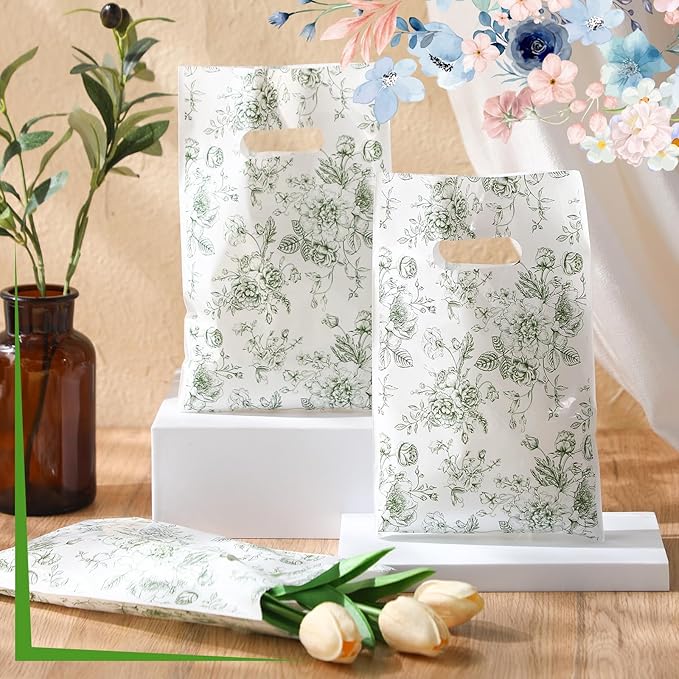 Supervitae 100 Pcs Plastic Green Gift Bags Flower Party Favor Bags Bulk with Handles for Birthdays Weddings Bridal Baby Showers Snacks Goodie Candy Treat Tea Party Supplies