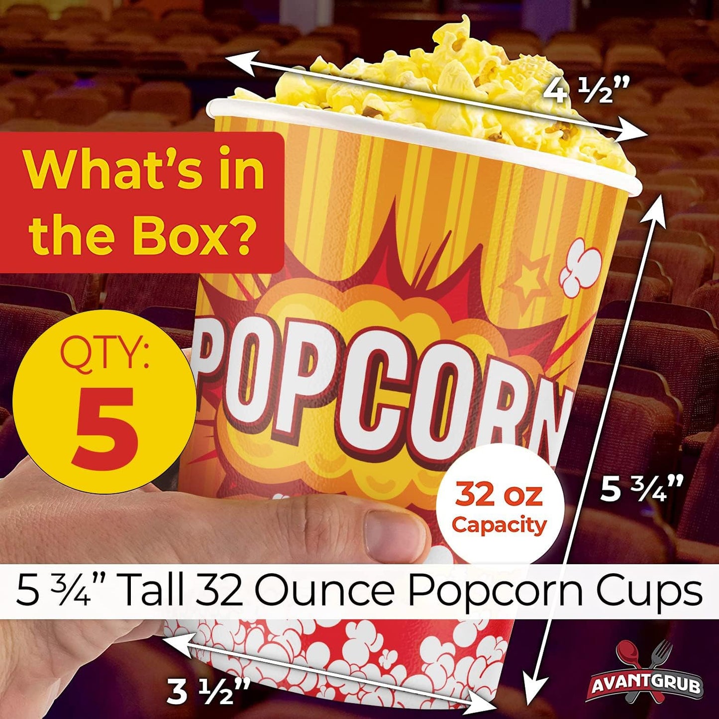 Leakproof, Super Durable 32oz Popcorn Cups 5 Pack. Grease-Proof Disposable Pop Corn Tubs With Cool Design Are the Ultimate Movie Theater Accessory. Large Containers Great for Any Party or Event