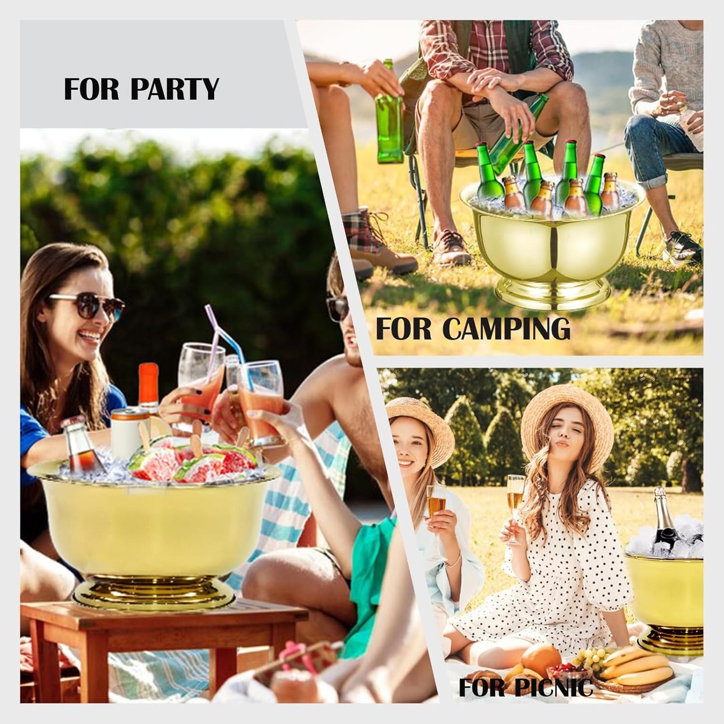 Gold Ice Bucket for Parties Stainless Steel 8L Beverage Tub Large Capacity Champagne Bucket Drink Tub Insulated Punch Bowl Drink Chiller