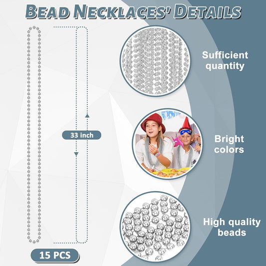 15PCS Bead Necklace, Silver Christmas Bead Stuff Party Favors, 33" Mardi Gras Xmas Silver Beaded Necklace Bulk, Festival Events Parade Throw Accessories for Wedding Birthday Celebrations Decorations