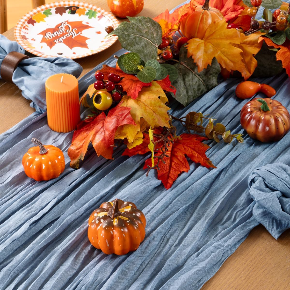 MLMC Dusty Blue Table Runner 10ft Boho Gauze Blue Cheesecloth Table Runner Rustic Fall Cheese Cloth Centerpiece 35x120 Inches for Wedding Bridal Shower Baby Shower Party Decor