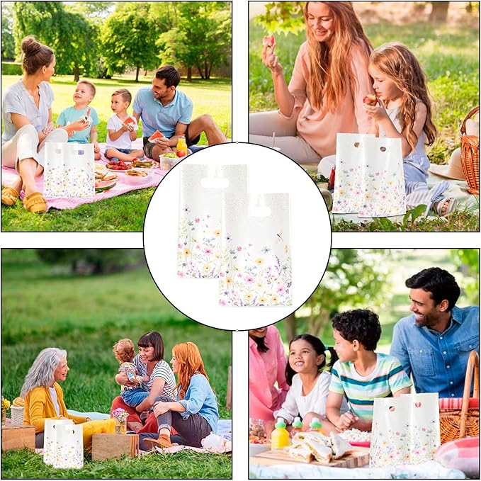 Infankey 50 PCS Wildflower Gift Bags Plastic Spring Floral Goodie Goody Treat Snack Candy Bags for Baby Shower Bridal Shower Birthday Wedding Party