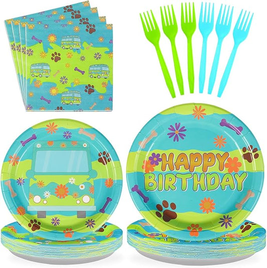 Grencian 96Pcs Mysterious Car Birthday Party Supplies Blue Green Dog Plates and Napkins Carton Dog Paw Tableware Set for Kids Birthday Baby Shower Party Supplies