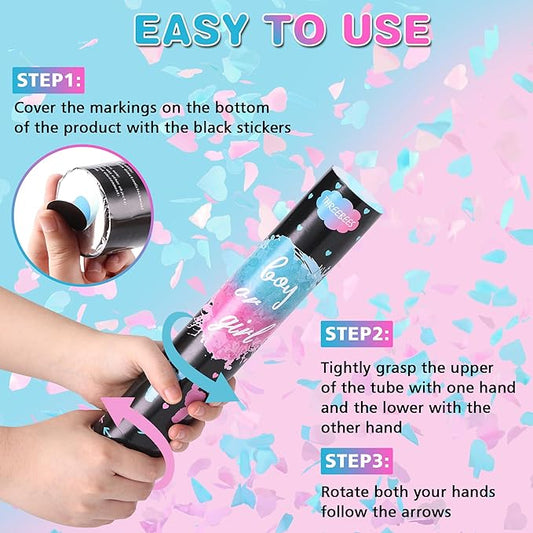 Gender Reveal Confetti Cannon, 2 Pack Pink and 2 Pack Blue, Biodegradable Confetti Paper with Cornstarch Powder, Confetti Blaster for Boy or Girl Gender Reveal, Party Poppers