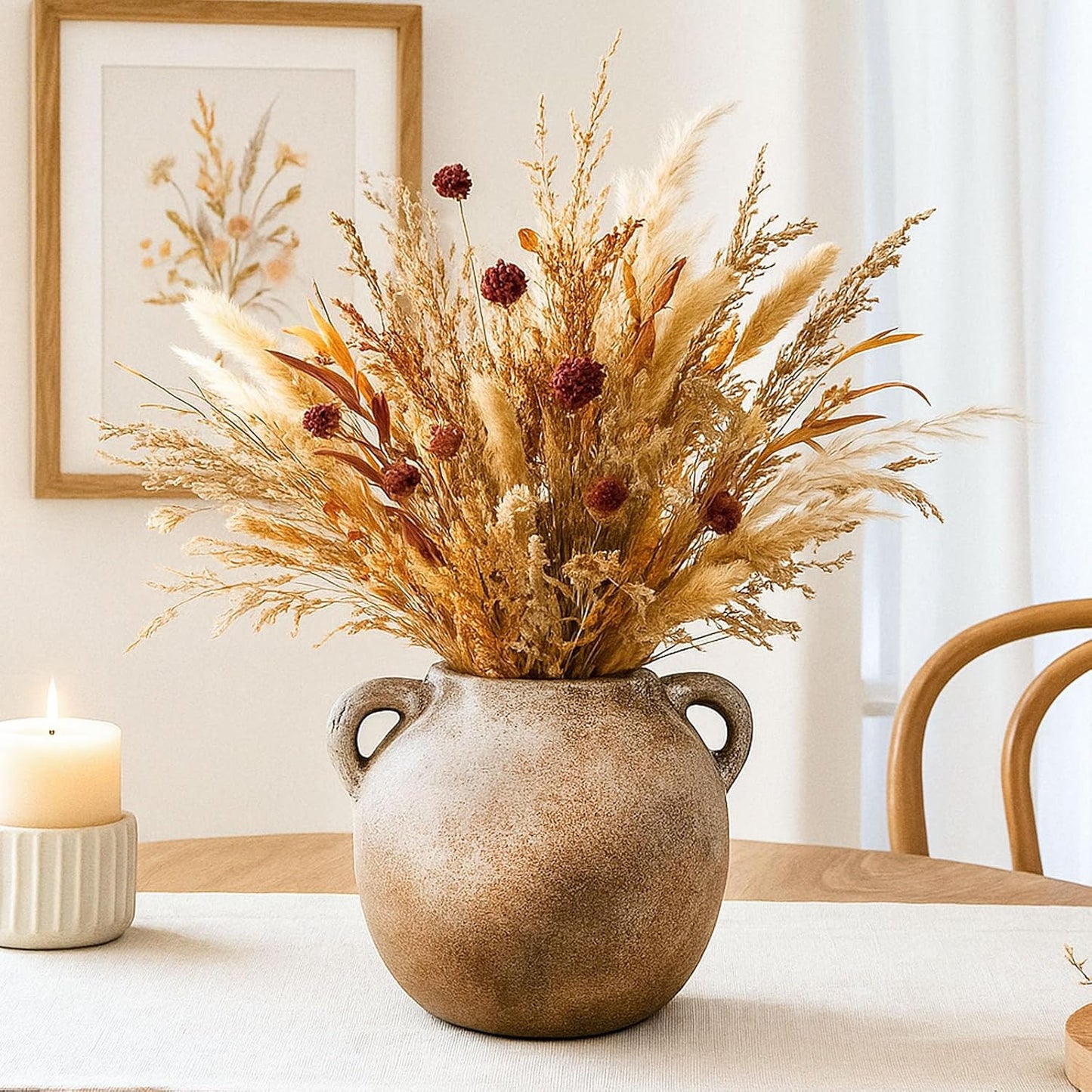 Rustic Ceramic Flower Vase with 2 Handles, Small Decorative Terracotta Boho Vase for Living Room, Table Centerpiece, Shelf Decor, Farmhouse, Entryway - 5.8 Inch Tall, Vintage Gray