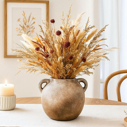 Rustic Ceramic Flower Vase with 2 Handles, Small Decorative Terracotta Boho Vase for Living Room, Table Centerpiece, Shelf Decor, Farmhouse, Entryway - 5.8 Inch Tall, Vintage Gray