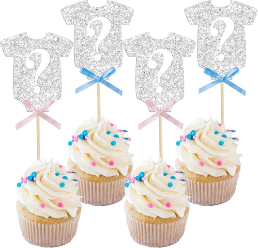 Ephlyn 24Pcs Gender Reveal Cupcake Toppers Glitter Pink Blue Bow Onesie Question Mark Boy or Girl Cake Topper Decorations for Baby Shower Theme Gender Reveal Kids Birthday Party Supplies Silver