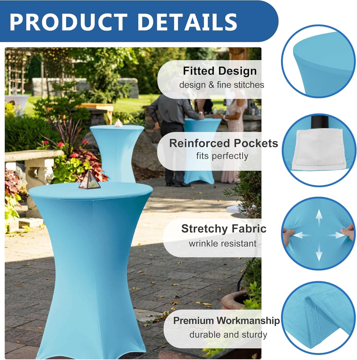 Cocktail Table Covers-Spandex Round High Top Table Cloths 6 Pack 32x43 Inch-Light Blue Stretch Fitted Bar Tall Tablecloth for Pub Bistro Highboy Party Banquet Height Folding Satnding Tables