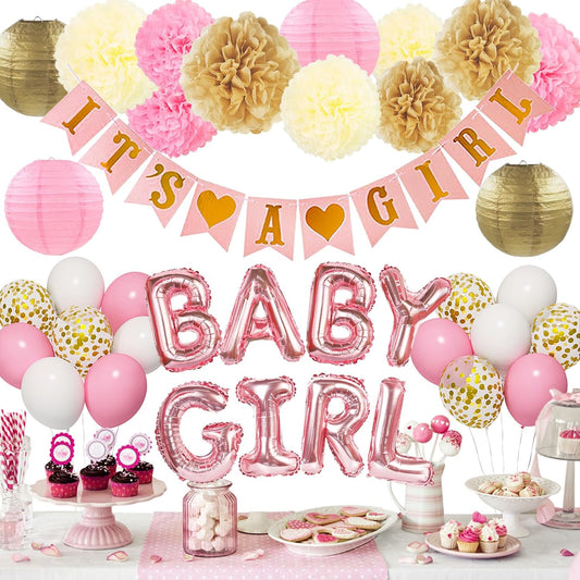 Ouddy Party Pink Baby Shower Decorations for Girls with Its a Girl Banner, Baby Girl Letter Pink Gold Confetti Balloons Paper Pom Poms for Baby Shower Gender Reveal Party Supplies