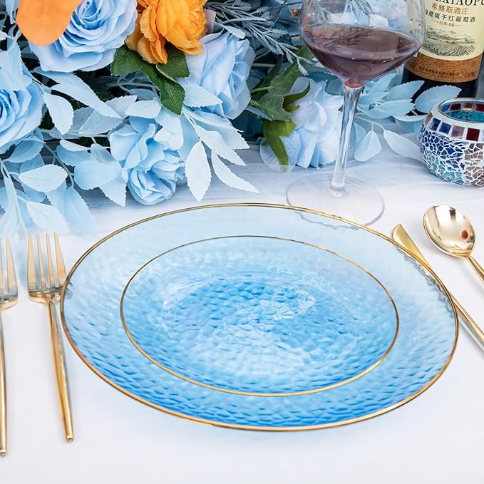 Rubtlamp 60Pcs Clear Blue Plastic Plates, Hammered Blue Plates, Clear Fancy Disposable Plates With Gold Rim Include 30 Dessert Plates, 30 Dinner Plates for Party