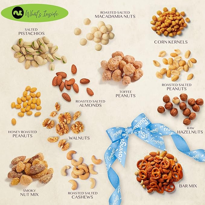 NUT CRAVINGS Gourmet Collection - Congratulations, Nuts Gift Basket with Congrats Ribbon + Greeting Card in Reusable Wooden Tray (12 Assortments) Graduation Food Arrangement, Healthy Snack